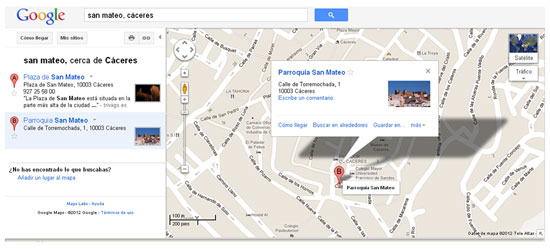 Figura  2. Informació complementària a Google Maps de la Parròquia de Sant Mateu a la  Ciutat Monumental de Càceres