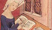 Christina von Pizan schreibt in ihrem Studierzimmer, um 1410