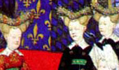 Christina von Pizan präsentiert ihr Manuskriptbuch mit ihren Werken der Königin Isabel von Frankreich, Ehefrau des Karls VI., umgeben von fünf Frauen ihres Hofes um 1410