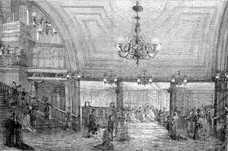 Cuadro de texto:    Figura 6: Interior de los grandes almacenes del Louvre (1877): Se pone a disposición de los clientes un ascensor-tranvía para pasar de un lado a otro del edificio. A la izquierda vemos a varias personas que esperan para montar al ascensor con ruedas.  