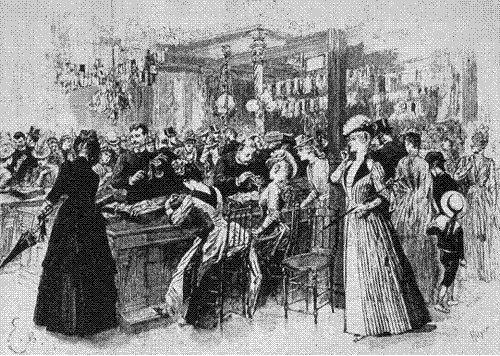 Cuadro de texto:    Figura 17: Grandes almacenes Au Petit Saint-Thomas, 1866. Galería de las Sedas. Ejemplo de galería con mesa central de exposición de mercancía.    