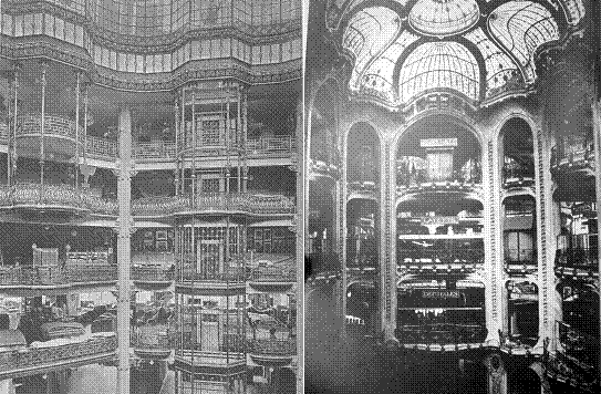 Cuadro de texto:    Figura 36 y 37: Halls de Printemps (Binet) y Galerías Lafayette. Importancia creciente del desarrollo en vertical y de la conformación de elementos verticales.  