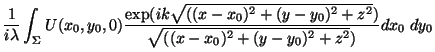 $\displaystyle \frac{1}{i\lambda} \int_\Sigma U(x_0,y_0,0)
\frac{\exp(ik\sqrt{((...
...)^2+(y-y_0)^2+z^2})}{\sqrt{((x-x_0)^2+(y-y_0)^2+z^2})}
dx_0 \;dy_0
\vspace{5mm}$