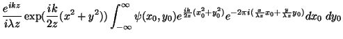 $\displaystyle \frac{e^{ikz}}{i \lambda z} \exp(\frac{ik}{2z}(x^2+y^2))
\int_{-\...
...^2)}
e^{ -2 \pi y(\frac{x}{\lambda z}x_0 + \frac{i}{\lambda z}y_0)} dx_0 \;dy_0$