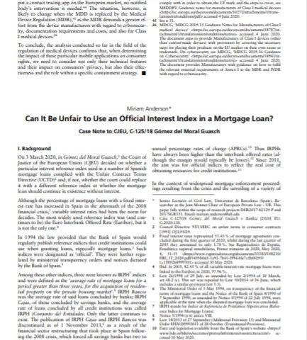 Can It Be Unfair to Use an Official Interest Index in a Mortgage Loan? Case Note to CJEU, C-125/18 Gómez del Moral Guasch, por Miriam Anderson