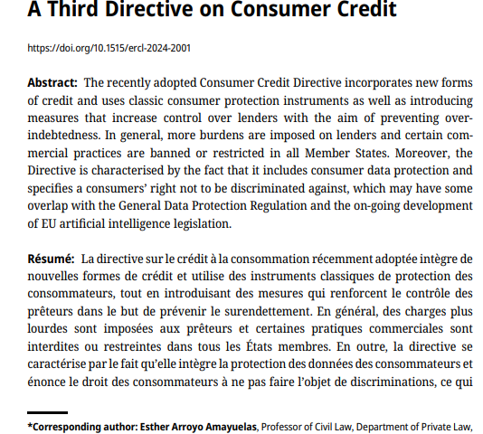 Artículo:  Esther ARROYO AMAYUELAS, A Third Directive on Consumer Credit. European Review of Contract Law, vol. 20, núm. 1, 1-24