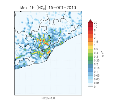 Example of NO<sub>2</sub> 1-hour maximum emissions for the 1 km domain for 15-10-2013