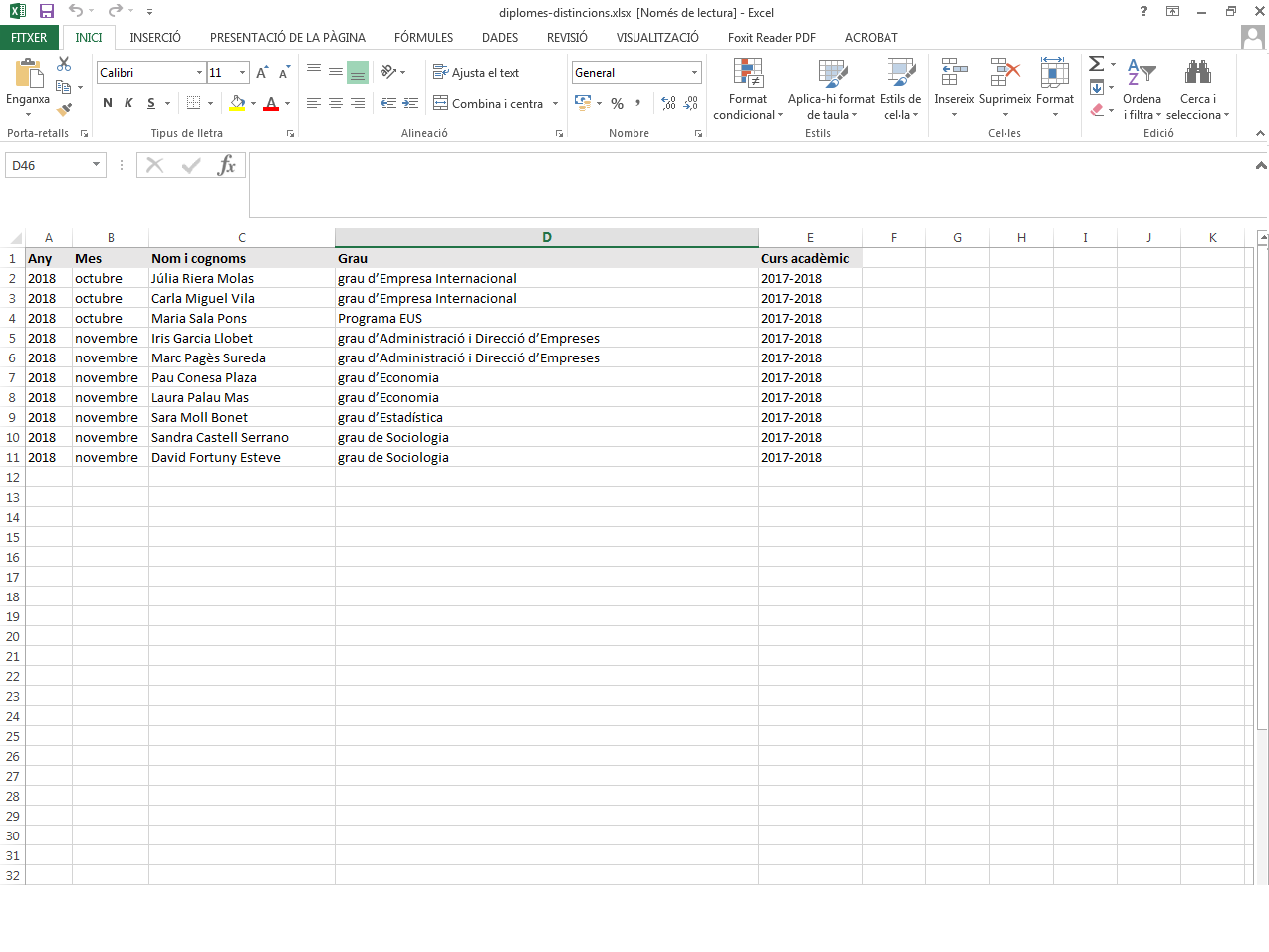 Excel amb informacions específiques, les variables del Word