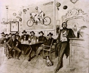 Il·lustració de R.Opisso que escenifica una tertúlia a la taverna dels 4 gats. S'hi representen, entre d'altres, Isidre Nonell, Santiago Rusiñol, Ramón Casas i Picasso