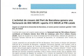 L’activitat de creuers del Port de Barcelona genera una facturació de 800 MEUR i aporta 413 MEUR al PIB català