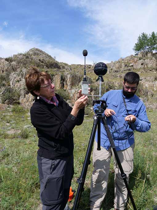 Marga and Adriano preparing the equipment for acoustic measurements in the Karakol Valley