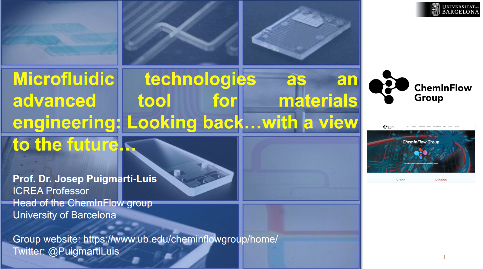The title slide for Josep's talk at "Les Midis Minatec". Featuring the title text: Microfluidic technologies as an advanced tool for materials engineering: Looking back…with a view to the future…,