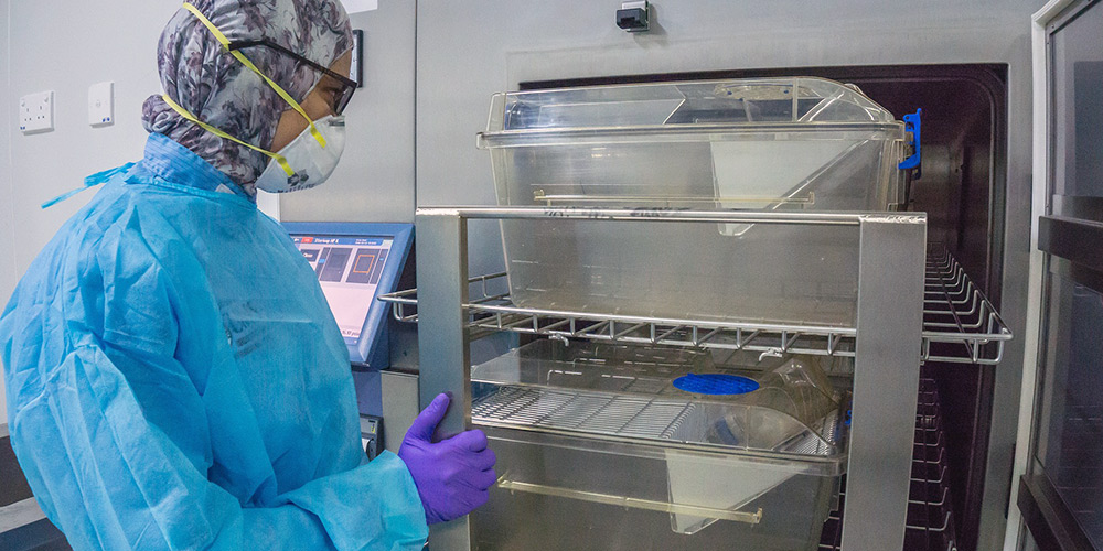 Protected researcher deposits elements in autoclave