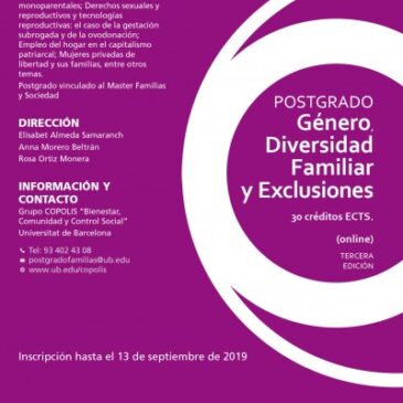 (Català) El Grup COPOLIS llança la 3ª edició del “Màster en Famílies i Societat” i del Diploma d’Especialització de Postgrau vinculat a “Gènere, Diversitat Familiar i Exclusions”