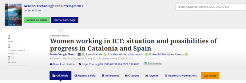 Nova publicació “Dones treballant al sector de les tecnologies: situació i possibilitats de progrés a Catalunya i Espanya”