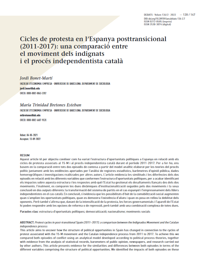 New publication by Jordi Bonet: Cycles of protest in post-transitional Spain (2011-2017): a comparison between the indignant movement and the Catalan independence process