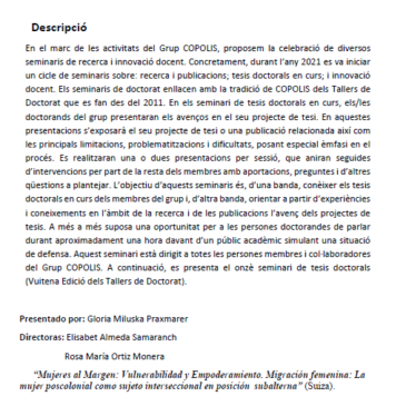 Seminari de doctorat “Mujeres al Margen: Vulnerabilidad y Empoderamiento. Migración femenina: La mujer poscolonial como sujeto interseccional en posición subalterna” (Suiza)