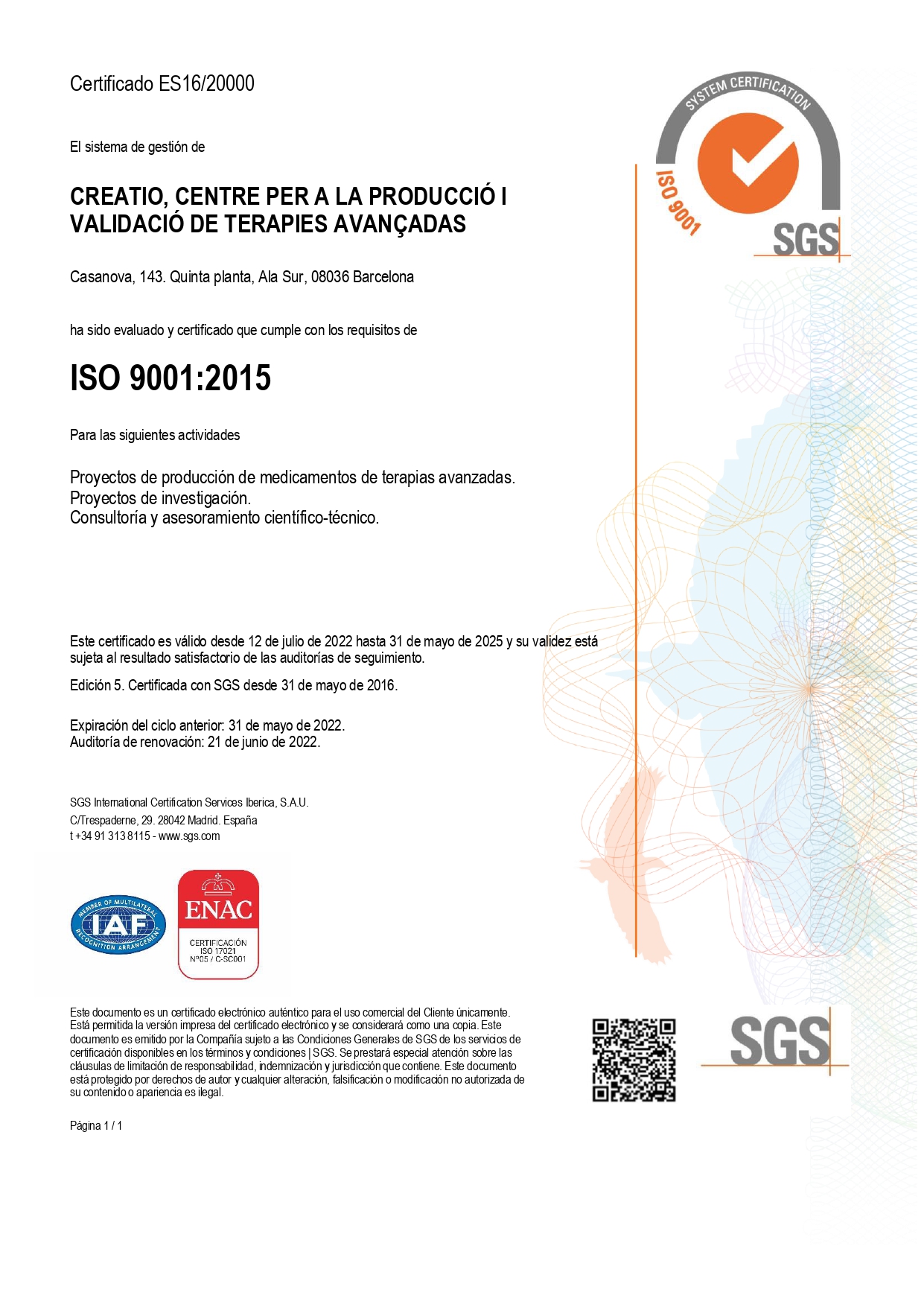 Creatio Certificado De Renovación Iso 9001 2015 Terapias Avanzadas