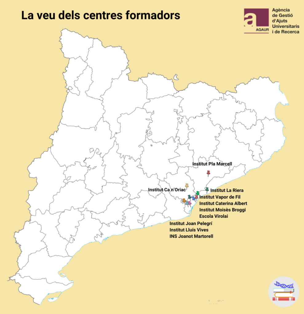Mapa de Catalunya dividit per comarques, amb els deu instituts participants localitzats en ell.