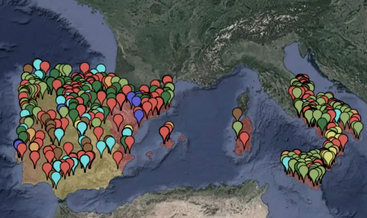 Mapa del sud d'Europa que mostra les comunitats monàstiques femenines als regnes peninsulars l'any 1500