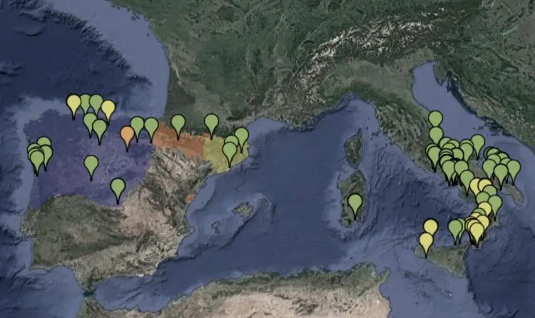 Mapa del sud d'Europa que mostra les comunitats monàstiques femenines als regnes peninsulars l'any 1100