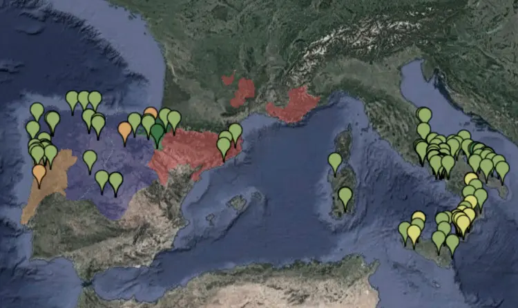 Mapa del sud d'Europa que mostra les comunitats monàstiques femenines als regnes peninsulars l'any 1150