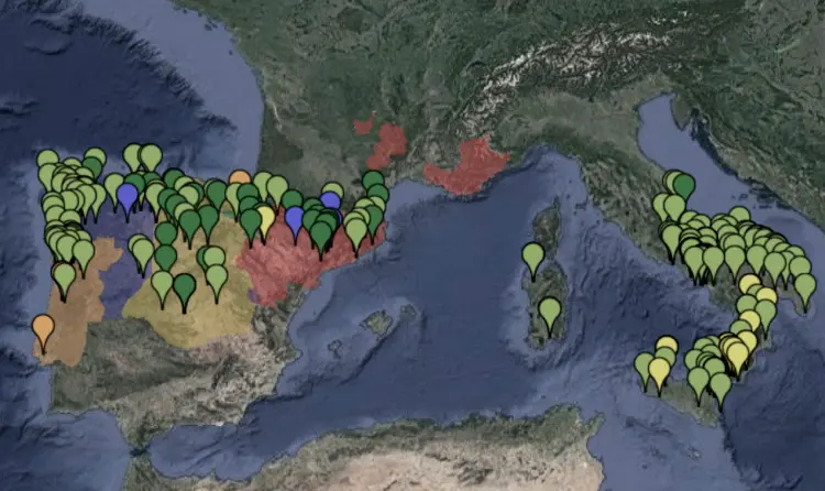 Mapa del sud d'Europa que mostra les comunitats monàstiques femenines als regnes peninsulars l'any 1200