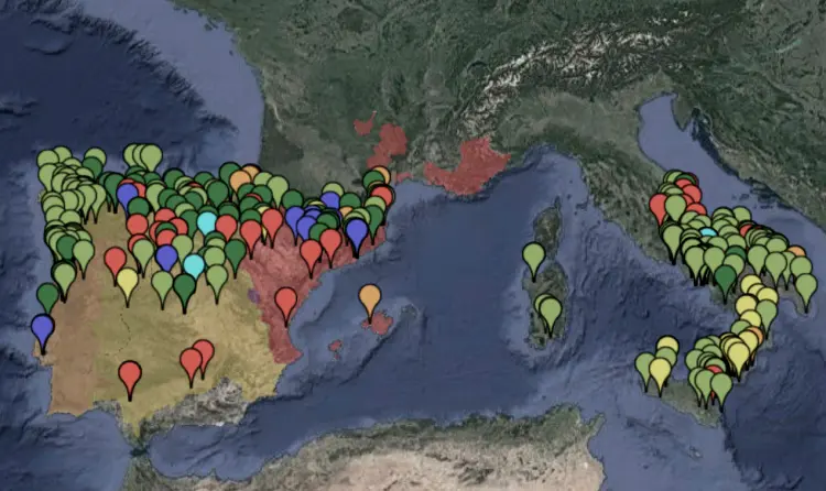 Mapa del sud d'Europa que mostra les comunitats monàstiques femenines als regnes peninsulars l'any 1250