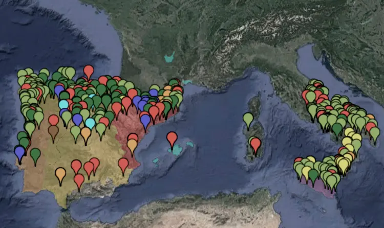 Mapa del sud d'Europa que mostra les comunitats monàstiques femenines als regnes peninsulars l'any 1300