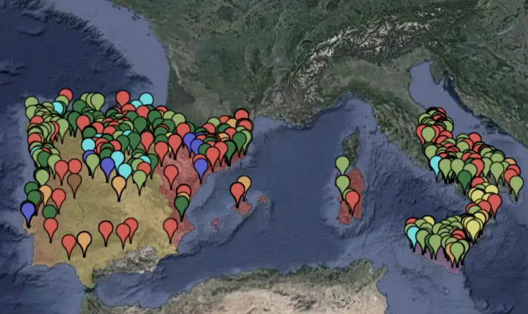 Mapa del sud d'Europa que mostra les comunitats monàstiques femenines als regnes peninsulars l'any 1400