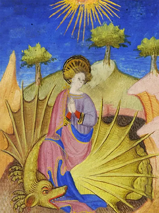 Representació de Santa Margarida amb el drac (New York, Pierpont Morgan Library, Ms. 157, fol. 199r)