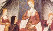 Pedro de Marcuello le entrega a Isabel I el ejemplar de su Cancionero. Quizá, a su derecha, su camarera mayor
