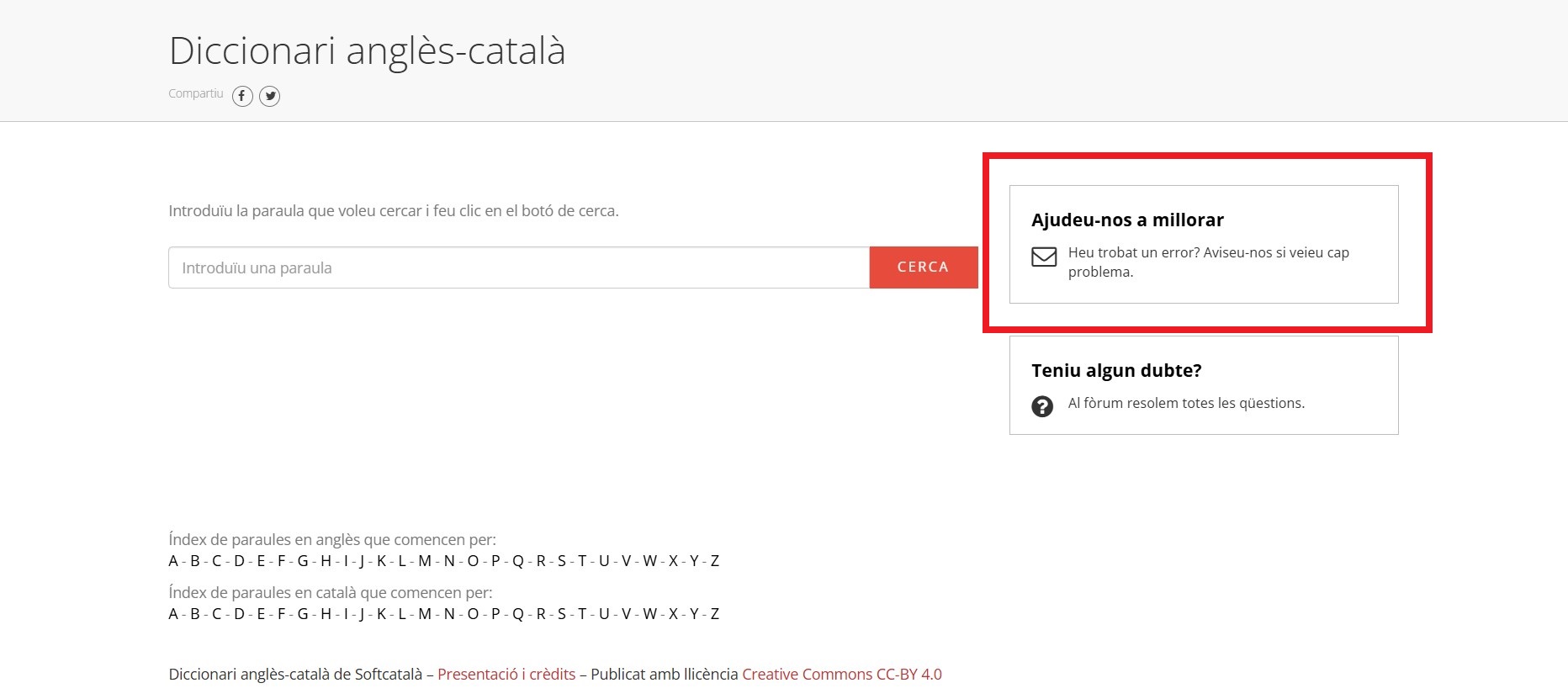 Accés al formulari «Ajudeu-nos a millorar» per fer aportacions al diccionari