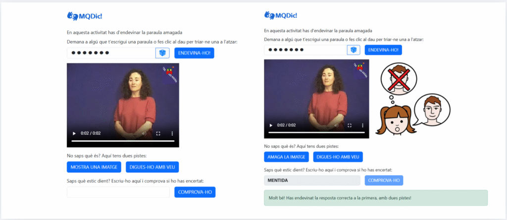 Exemple de l’opció «Recordem» del diccionari Mira què dic!, amb una pista i la solució