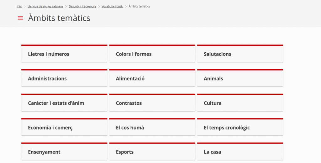 Contingut del Vocabulari bàsic de l’LSC classificat per àmbits temàtics