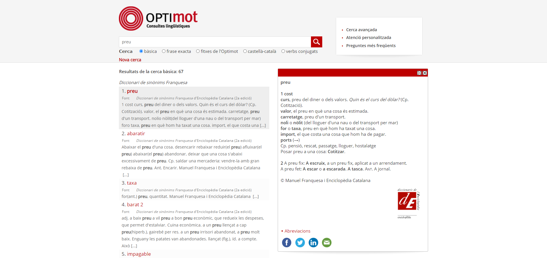 Resultat de la cerca a l’Optimot