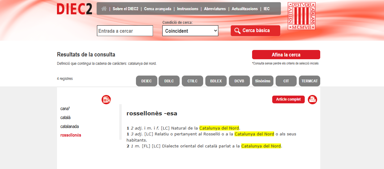 Presència de la forma Catalunya del Nord al DIEC