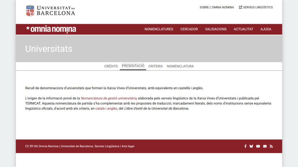 Presentació de la nomenclatura d’universitats de l’entorn Vives