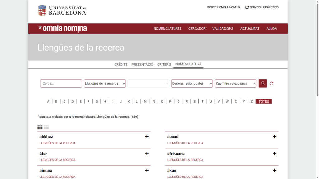 Exemple d’entrades de la nomenclatura Llengües de la recerca