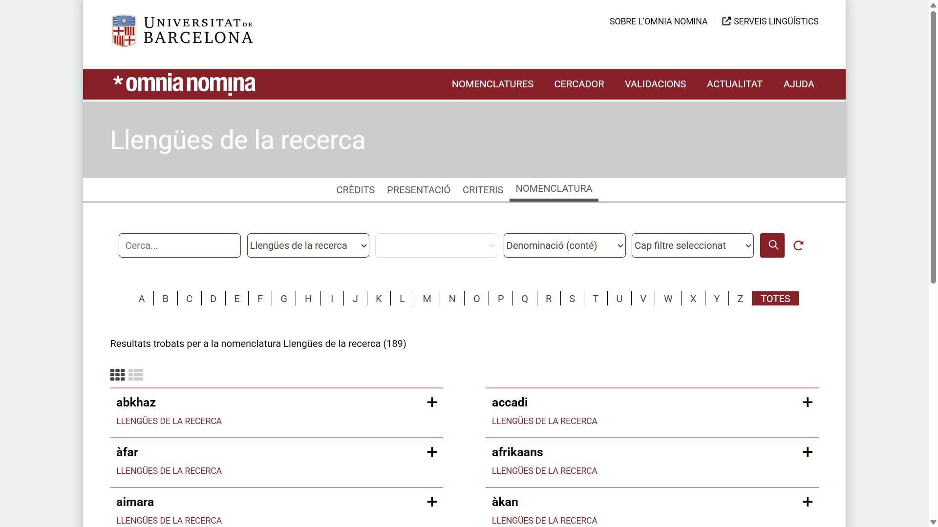 Exemple d’entrades de la nomenclatura Llengües de la recerca