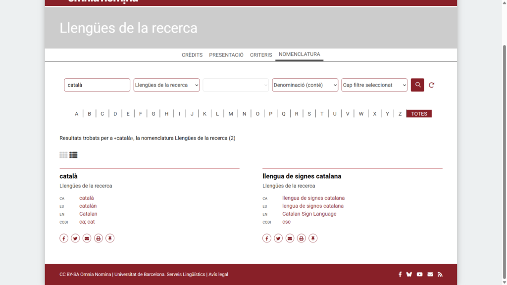Exemple de les entrades català i llengua de signes catalana, amb la denominació, els equivalents i els codis ISO