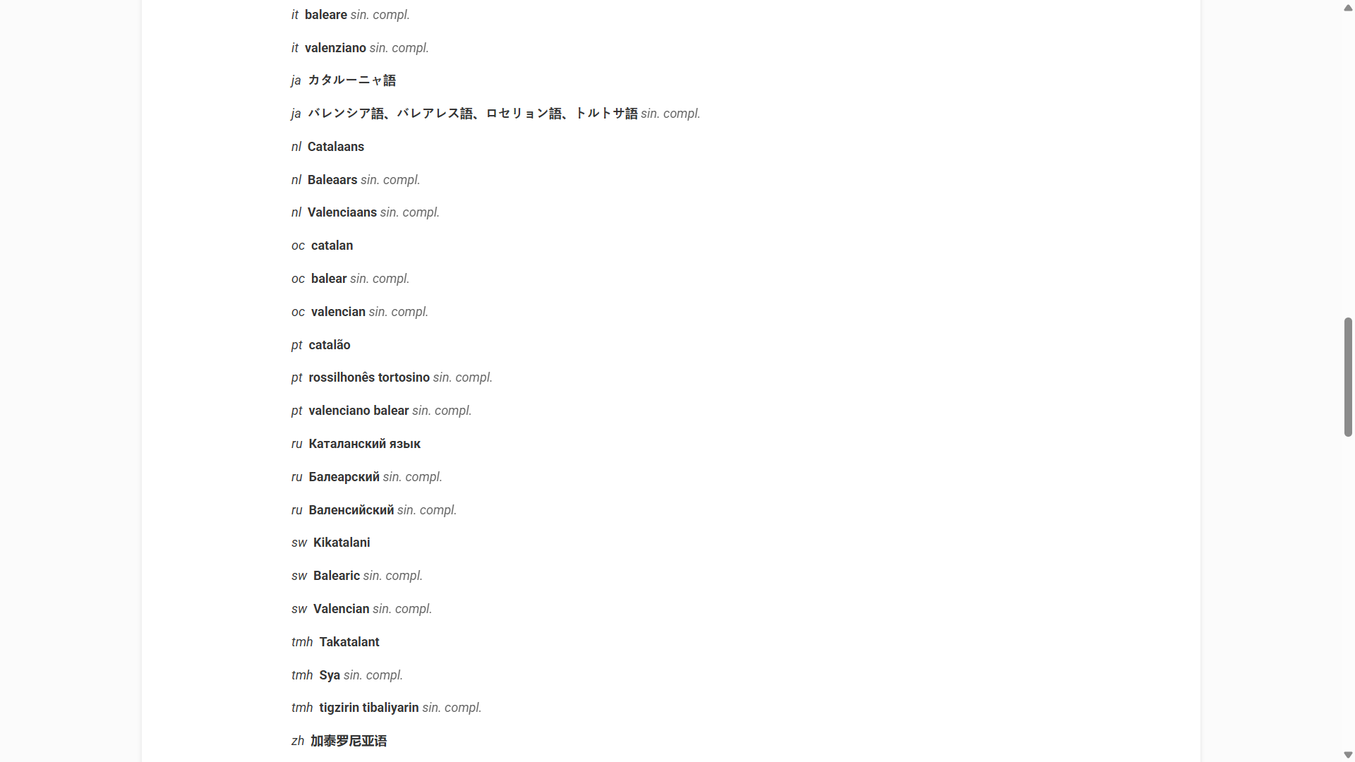 Exemple de l’entrada català del Diccionari de les llengües del món amb tots els equivalents