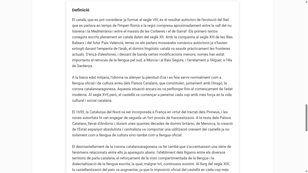 Exemple de l’entrada català del Diccionari de les llengües del món amb la informació sobre formació, origen, parlants, etc.