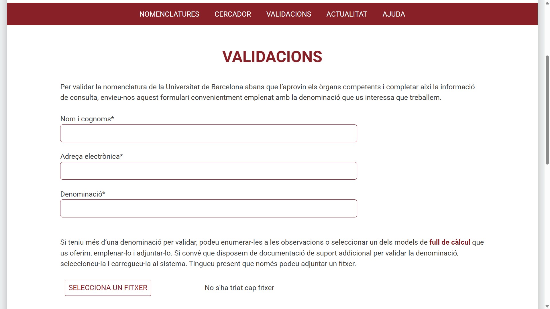 Formulari de validació per a les peticions puntuals