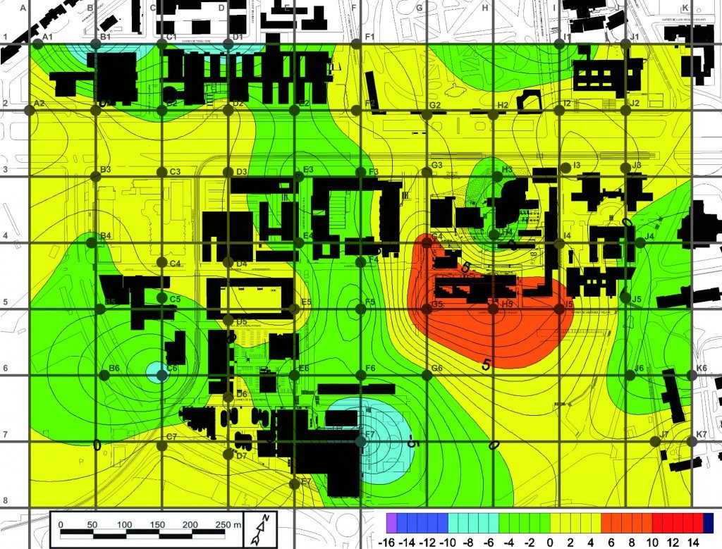 Diferència de nivell de soroll equivalent al Campus de la Diagonal, en dB(A), entre les 8 i les 20h (Leq – Dia) respecte el mapa sonor de l'any 2005