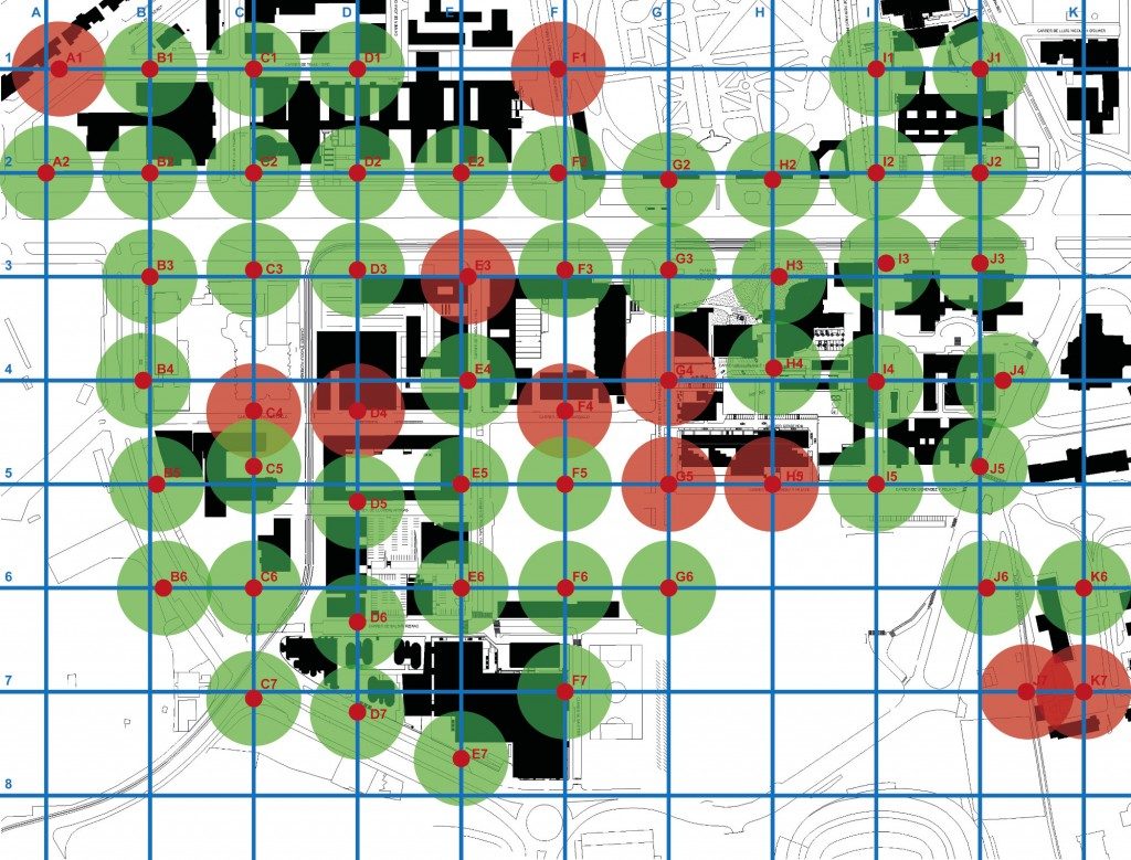 Àrea d'influència dels punts de mesura segons el compliment (verd) o incompliment (vermell) dels valors guia d'immissió al Campus de la Diagonal (Ordenança de Medi Ambient de Barcelona, 2011)