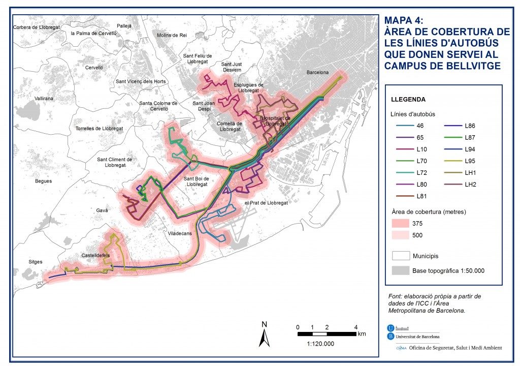 Mapa que mostra el àrea de cobertura de les línies d´autobús que donen servei al campus de Bellvitge