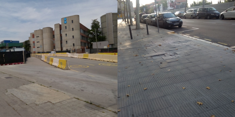 fotos que verifiquen les obres de linia de metro L9 i paviment en mal estat a la vorera del carrer Pau Gargalló
