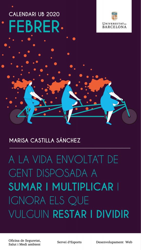 Il·lustració de tres dones pedalant a una mateixa bicicleta 
