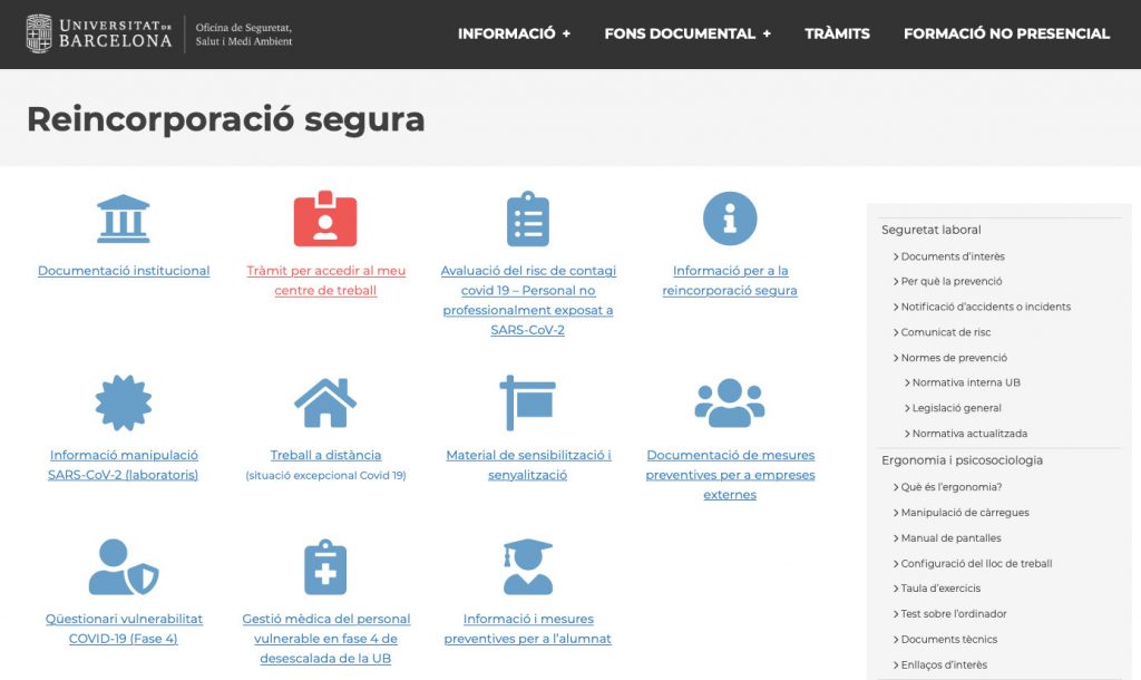 Captura de pantalla de l'apartat de reincorporació segura de la web de l'OSSMA